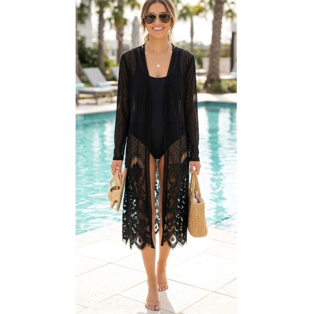 Siren Lily Black Open Front Mesh Lace Swim Cover-up Duster Cardigan Kimono Sz M